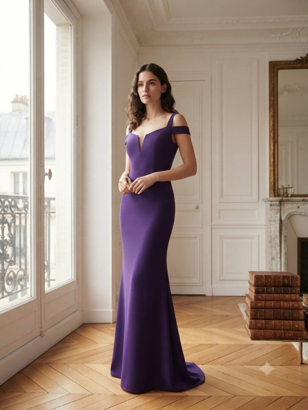 NWT Xscape Purple Off-Shoulder Deep V Evening Maxi Dress Sz 10
